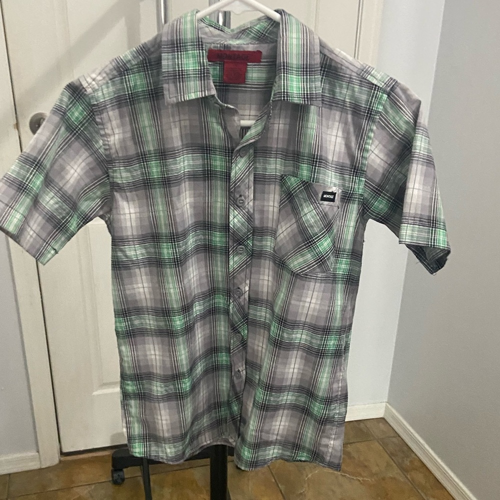 Montage boys button down plaid shirt. Medium